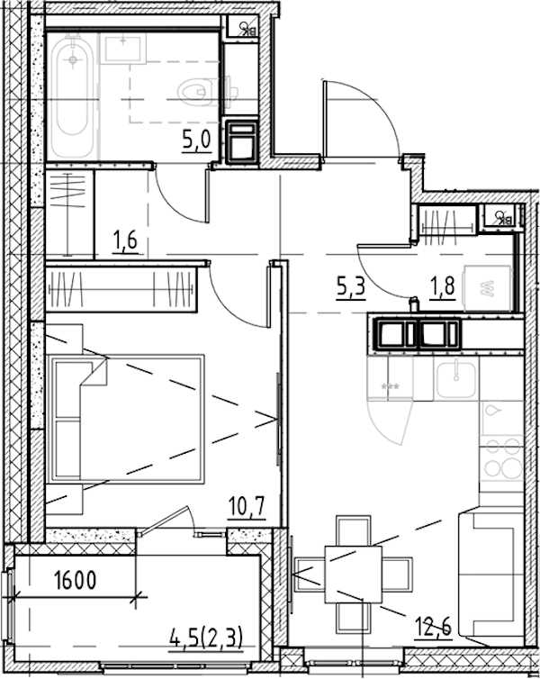 1-комнатная квартира 39.3 м², 5/9 эт., ЖК «Янила Форест»
